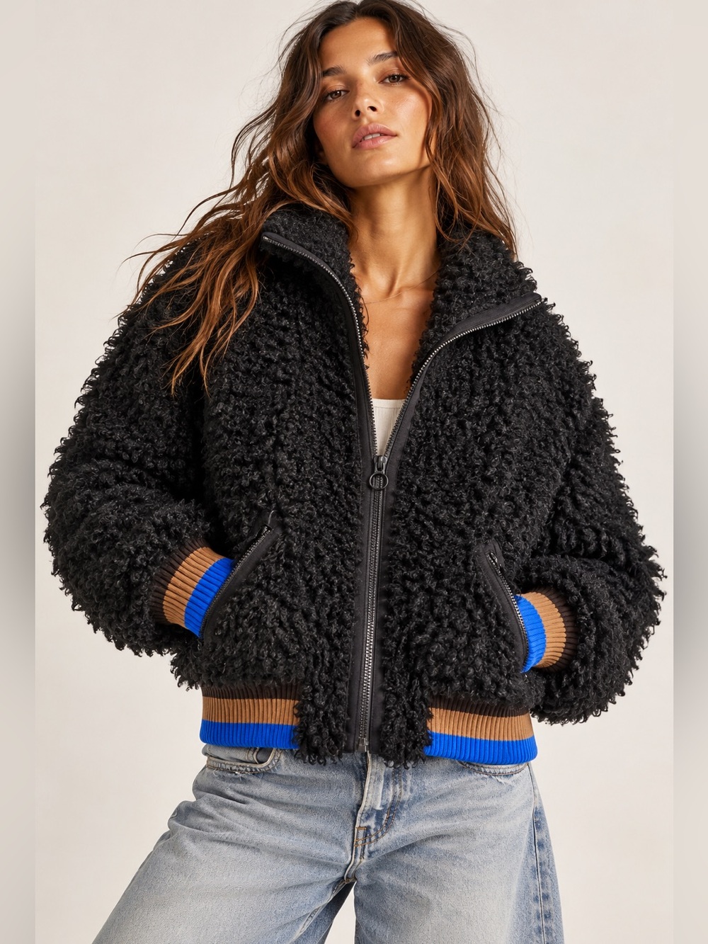 Free People High In The Sky Bomber Jacket Black Faux Fur Teddy XS